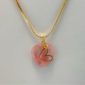 Strawberry Quartz Heart Necklace, Lab Created Stone, Gold Open Heart Charm
